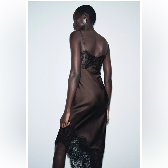 NWT Zara Asymmetric Satin Lace Dress in Black/ Brown Size M - Picture 3 of 16